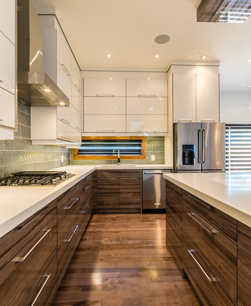 Large kitchen with relationships to dining and family room.